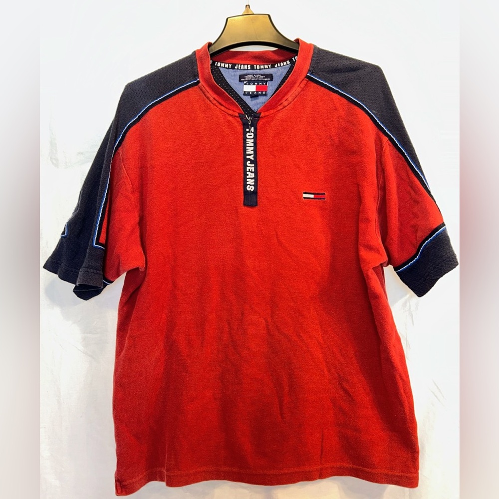 VINTAGE 90s TOMMY JEANS Colorblock Quarter-Zip Pullover Shirt Size XL